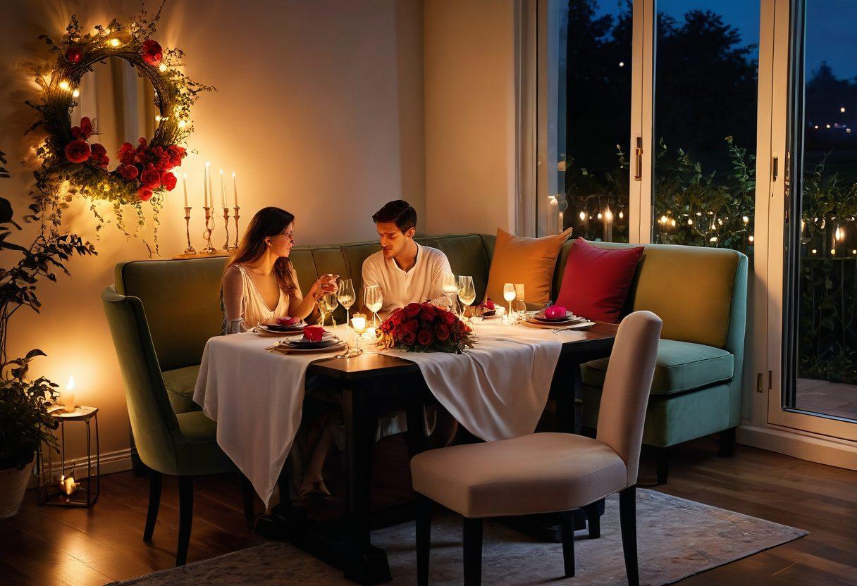 A cozy, intimate setting featuring two candles casting a warm glow on a beautifully set dining table for two, adorned with rose petals and a bottle of wine. In the background, soft fairy lights twinkle and a plush couch invites relaxation. A couple shares a tender moment, gazing into each other's eyes, creating a sense of closeness and romance. The atmosphere is lush with greenery and soft textures to enhance feelings of intimacy and pleasure. warm and inviting. super-realistic. vibrant colors.