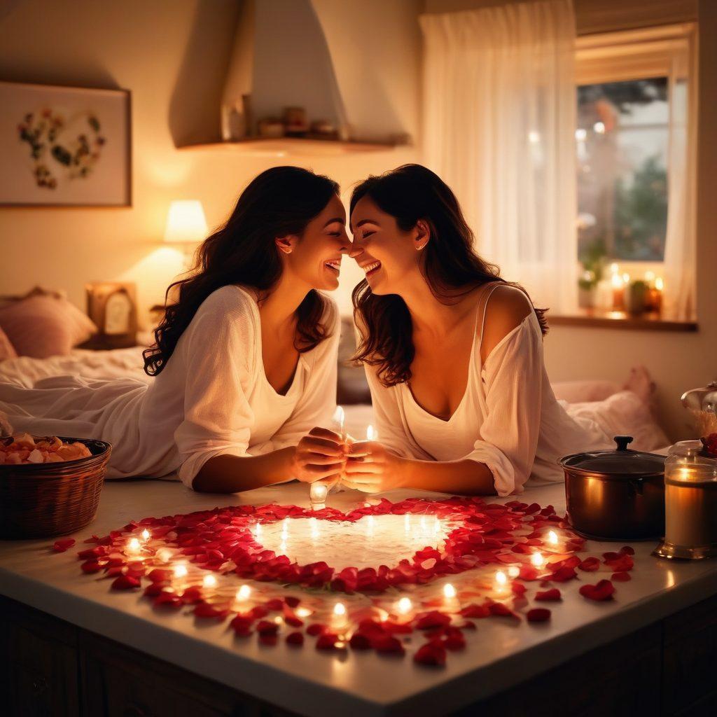 A cozy bedroom scene with a couple sharing a laugh while cooking together, surrounded by soft candlelight and scattered rose petals. The warmth of the ambiance enhances their intimate connection, inviting feelings of love and joy. Include elements like a heart-shaped plate of food and a subtle glow from the candles. soft focus. romantic lighting. vibrant colors.