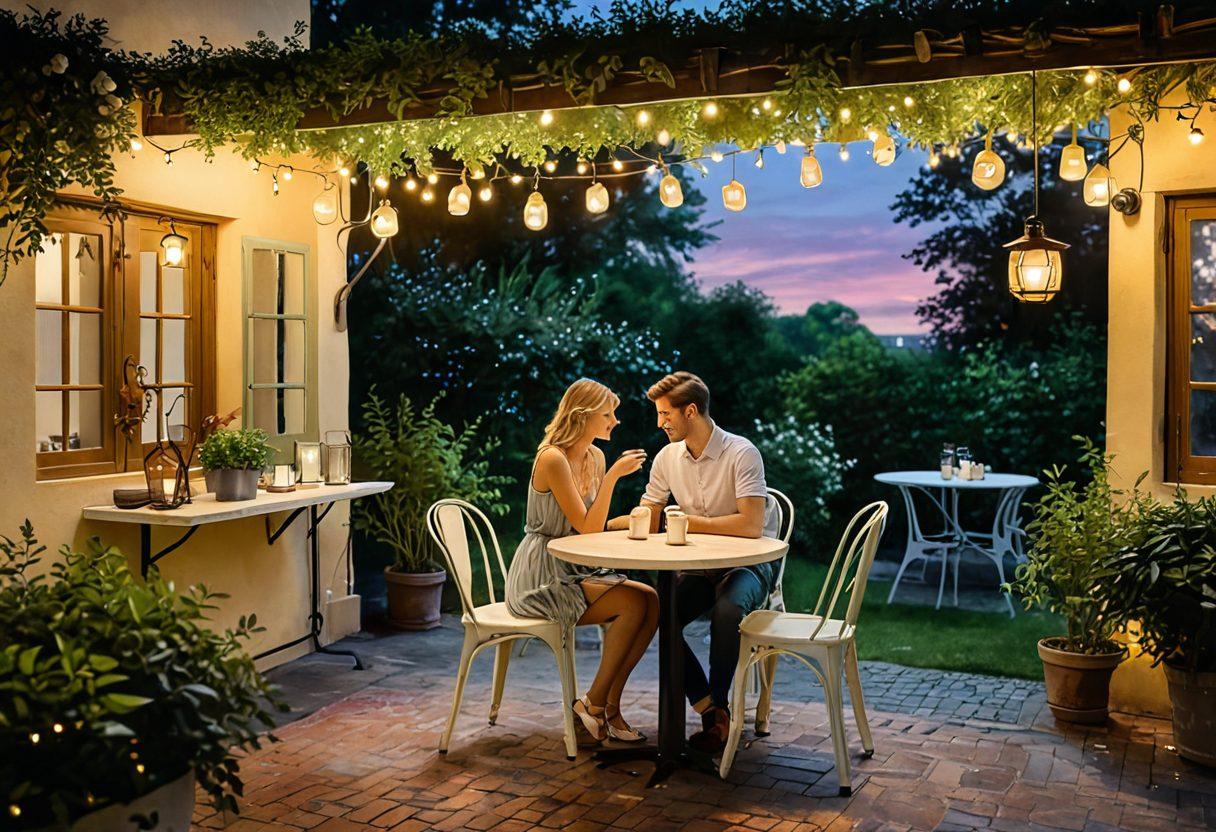 A romantic scene depicting a couple engaging in deep conversation under fairy lights at a cozy outdoor café, surrounded by lush greenery and soft glowing lanterns, symbolizing connection and intimacy. Their body language reflects warmth and engagement, with a subtle heart shape formed by their intertwined hands. Include romantic elements like a small table with two cups of steaming coffee and gentle glowing lights in the background. watercolor painting. vibrant colors.